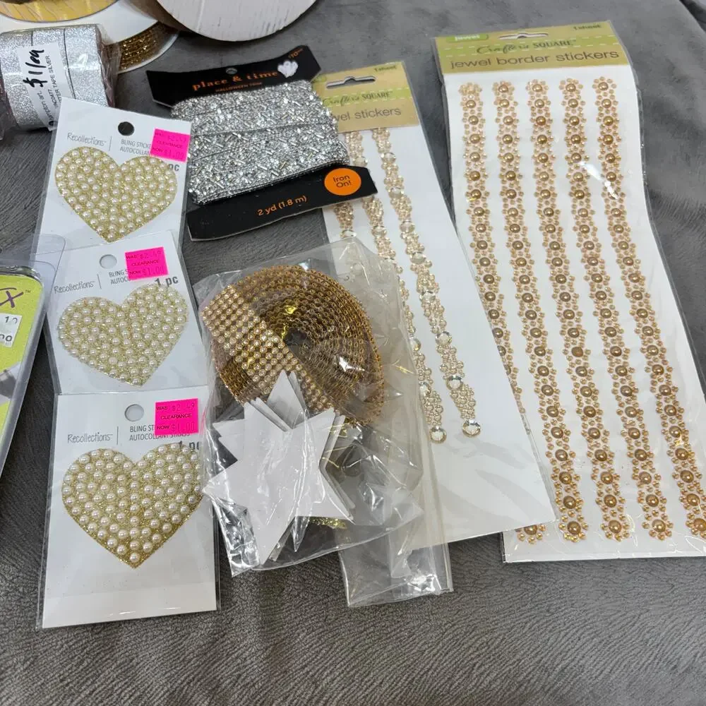 Metallic Gold Crafting Lot Bling Ribbon Embellishments Trim Jewels Gem Stickers